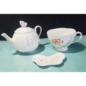 Lenox Butterfly Meadow Individual Teapot Lid Cup Tea Bag Holder EUC Garden Lady